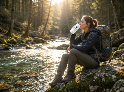 Hiker drinking NuRich canned water beside a clear river