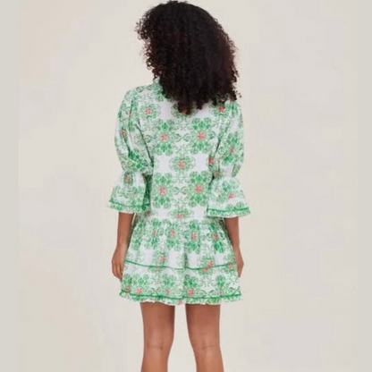 Penelope Dropwaist Ruffle Sleeve Dress in Green Majolica