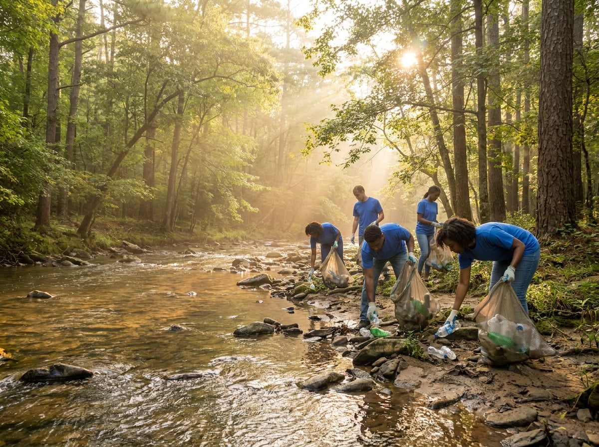 Volunteers cleaning up the river bank at golden hour