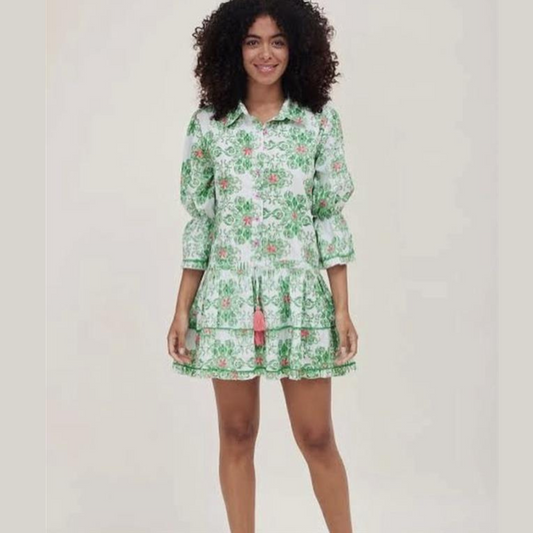 Penelope Dropwaist Ruffle Sleeve Dress in Green Majolica