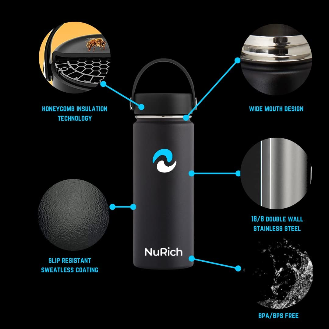 NuRich Sports Water Bottle - 18 oz, Stainless Steel Vacuum Insulated, Wide Mouth Hydro Metal with Sweat Proof Design for Hot and Cold Temperatures
