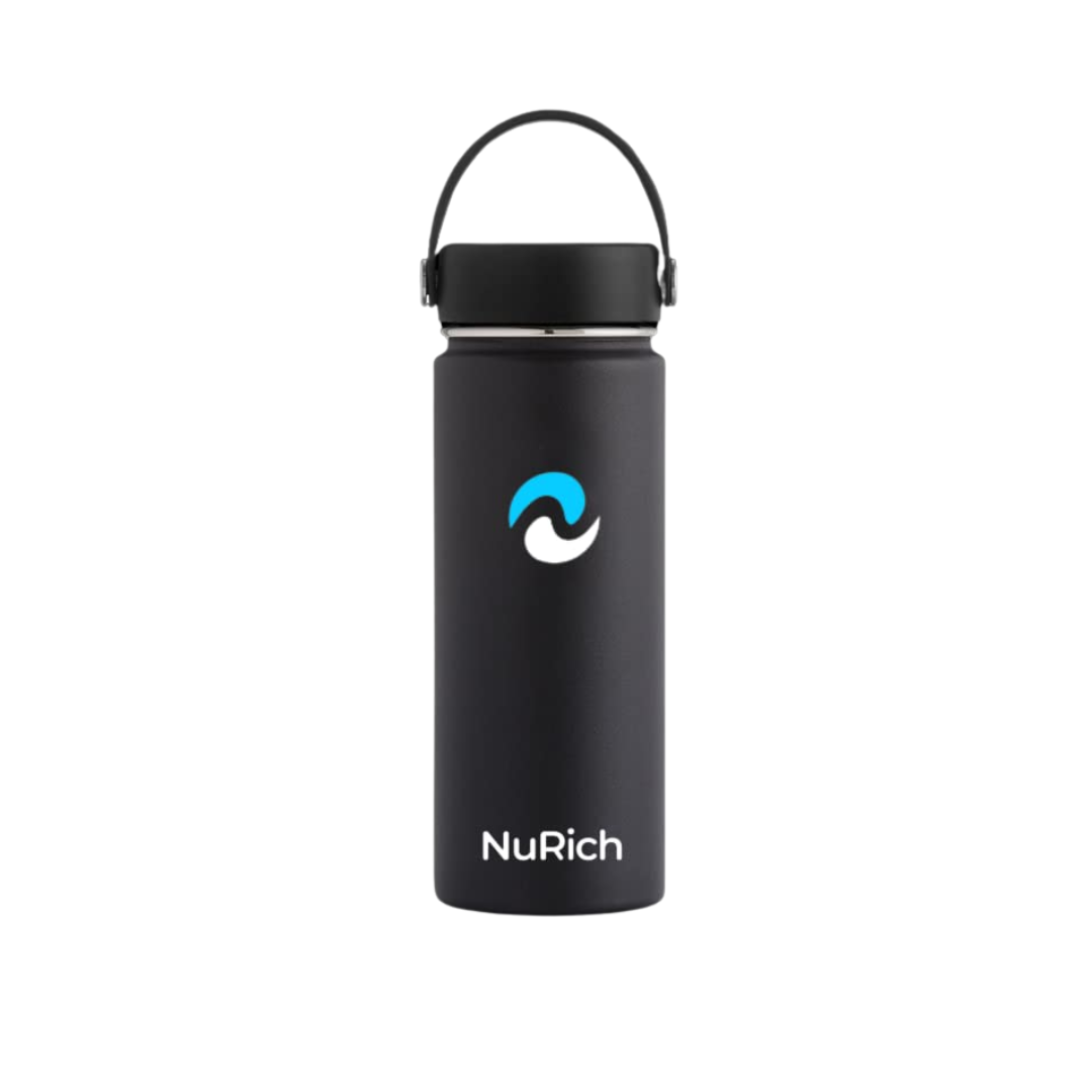NuRich Sports Water Bottle - 18 oz, Stainless Steel Vacuum Insulated, Wide Mouth Hydro Metal with Sweat Proof Design for Hot and Cold Temperatures